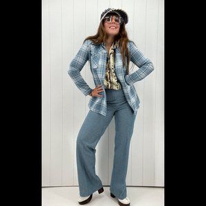 Vintage 70s Blue Check Flare Pantsuit Set | Size M/L